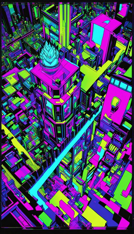 High angle view of a vibrant neon cyberpunk cityscape filled with colorful outlined skyscrapers