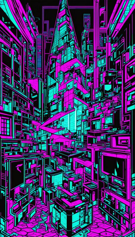 Bold line art cyberpunk cityscape glowing with bright magenta and turquoise neon accents
