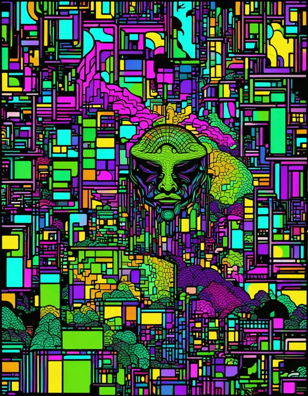 Stained-glass style futuristic cyberpunk city with a towering stoic alien face monument at its center