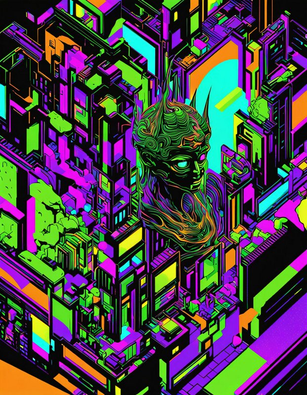 Towering glowing mythic head rises above a dense neon isometric cyberpunk cityscape