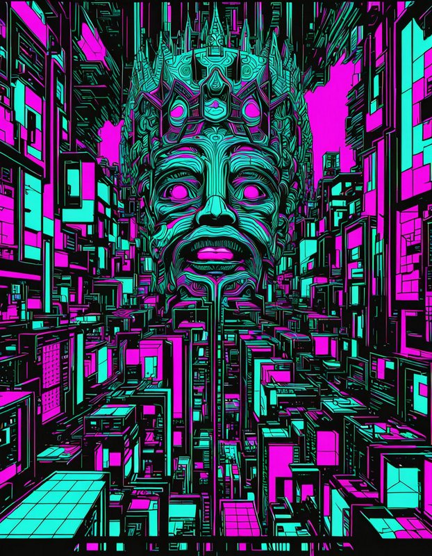 Towering ornate crowned statue rises between neon cyberpunk city skyscrapers