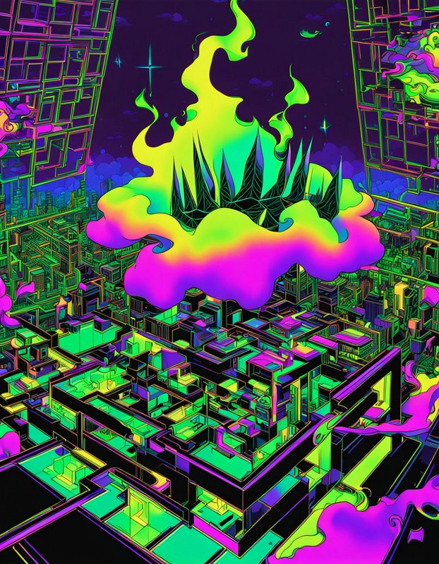 Psychedelic neon floating spiked crown hovers over a glowing cyberpunk cityscape at starry night