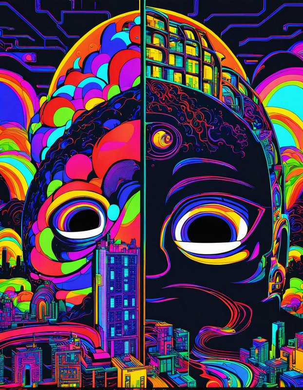 Surreal psychedelic split human face merged with a bright neon futuristic cityscape