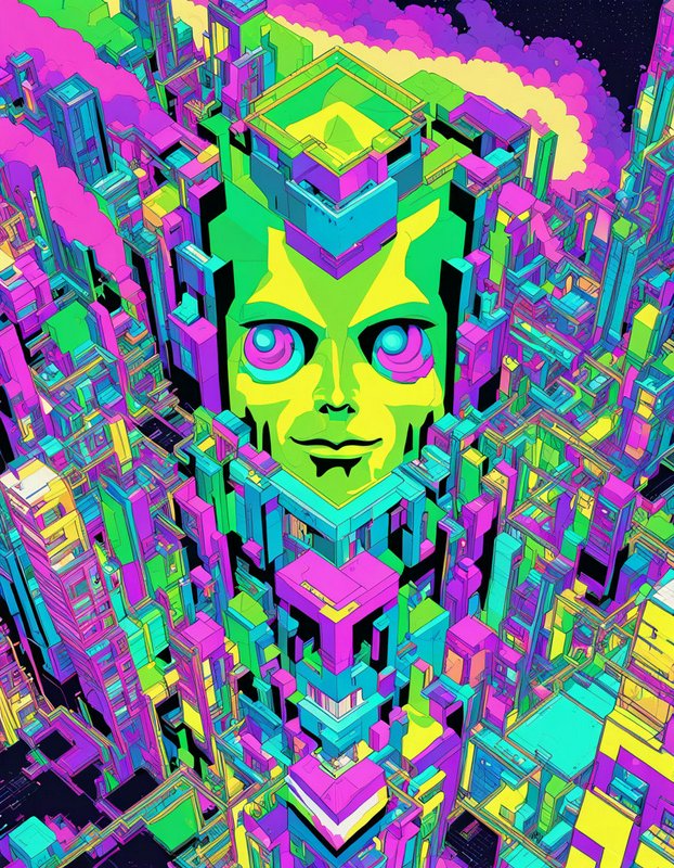 Giant stylized neon face embedded in a dense psychedelic futuristic cityscape