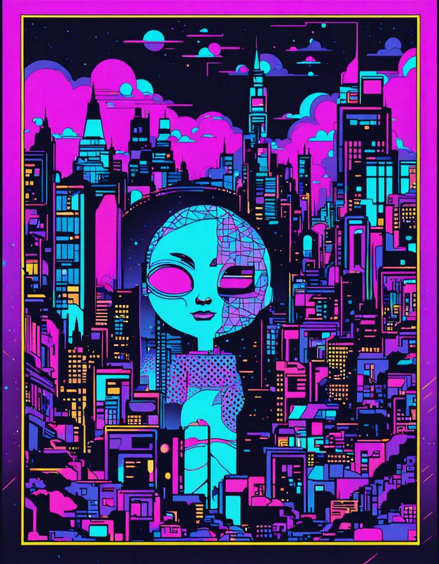 Giant stylized cyborg alien looms over a bright neon cyberpunk city skyline at night
