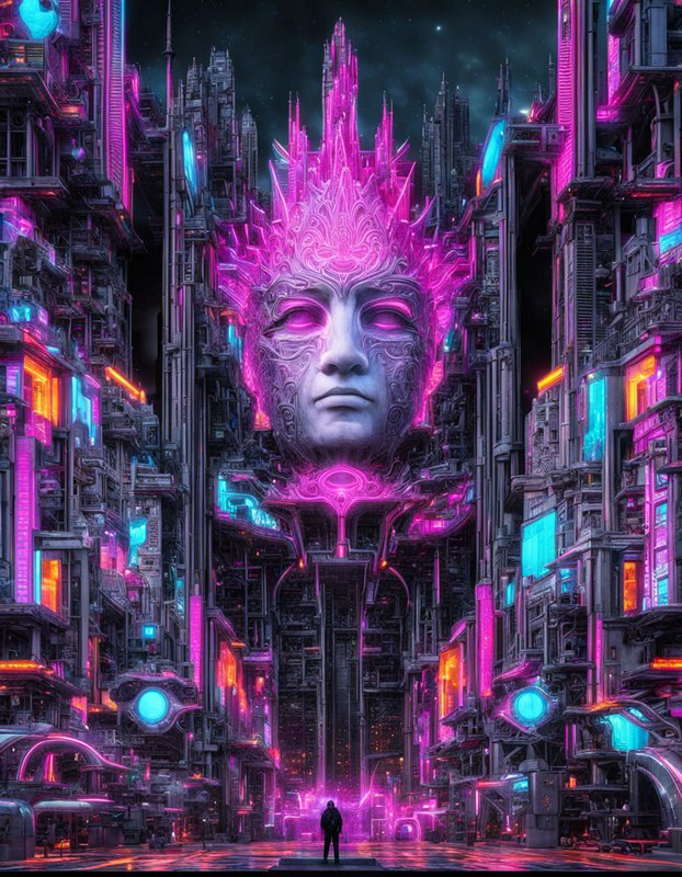 Giant glowing ornate cybernetic face looms over a lone figure in a neon-lit cyberpunk city at night