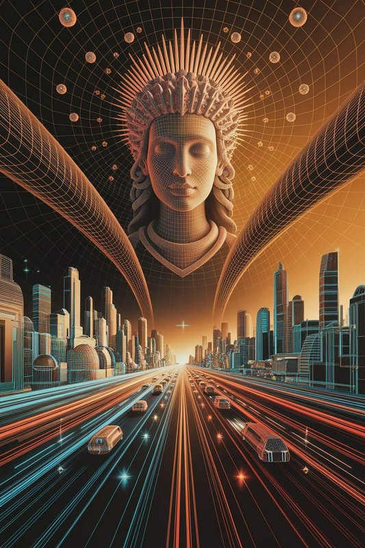 Wireframe goddess with a spiked sunburst headdress looms over a futuristic grid city highway