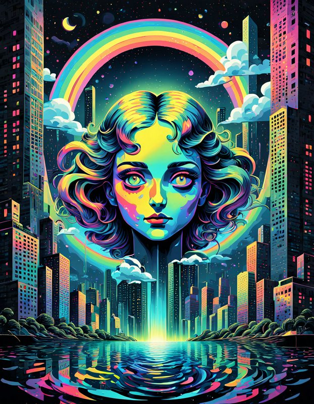 Giant psychedelic female portrait hovers over a neon futuristic city beneath a glowing night rainbow