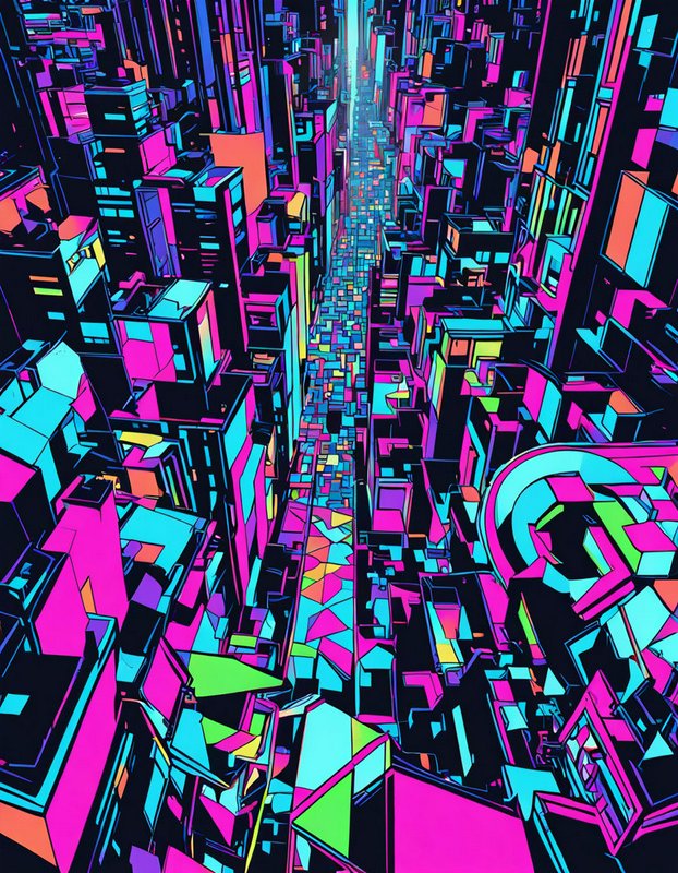 High-angle view down a vibrant neon cyberpunk city street lined with angular geometric skyscrapers