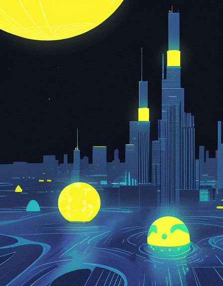 Stylized retro-futuristic city skyline at night with glowing yellow spheres and a large bright moon overhead