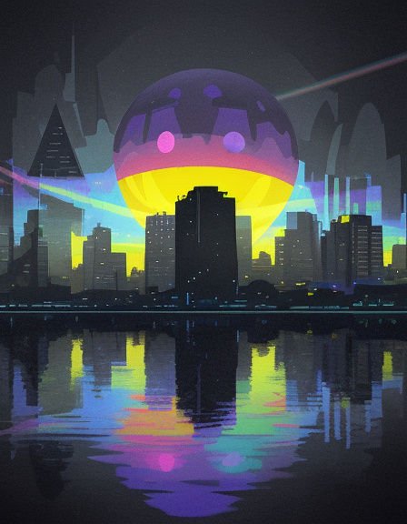 Giant glowing gradient orb hangs over silhouetted cyberpunk city skyline reflected in dark night water