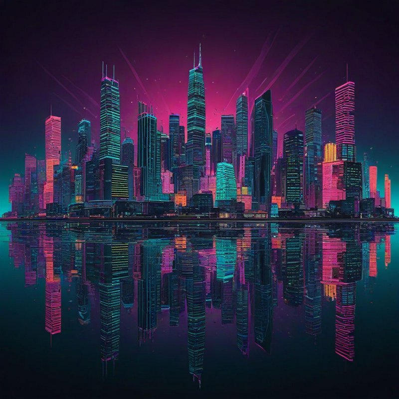 Vibrant neon cyberpunk city skyline perfectly reflected in calm dark water under a glowing night sky