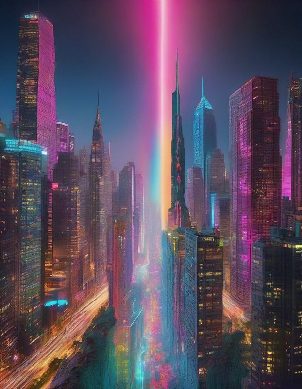 Futuristic cyberpunk city skyline at dusk with a glowing vertical rainbow beam between skyscrapers