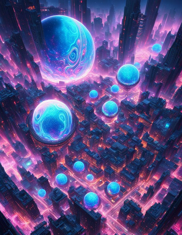 Aerial view of a glowing futuristic cyberpunk city with towering skyscrapers and floating blue energy spheres