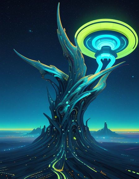 Surreal glowing futuristic alien tree topped with neon circular halo stands against a starry twilight alien landscape