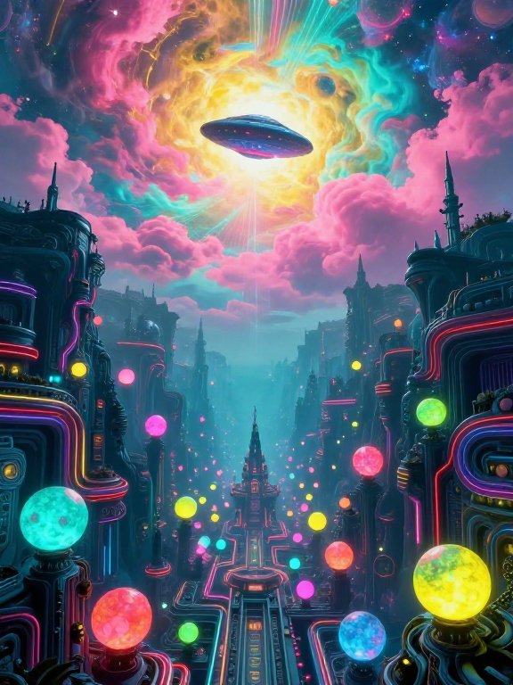 UFO flying saucer hovers above a glowing neon cyberpunk city under a swirling vivid pink and teal cosmic sky