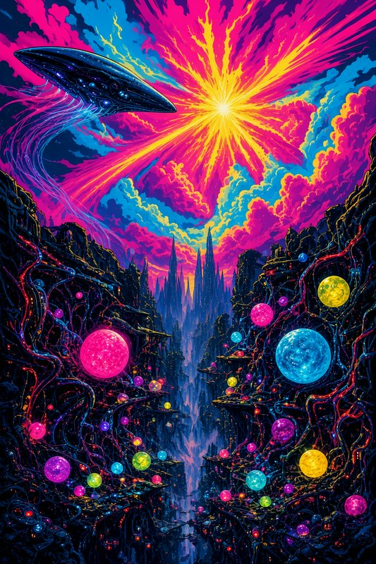 Psychedelic sci-fi landscape with alien spacecraft, glowing orbs, and a radiant starburst over a futuristic canyon city