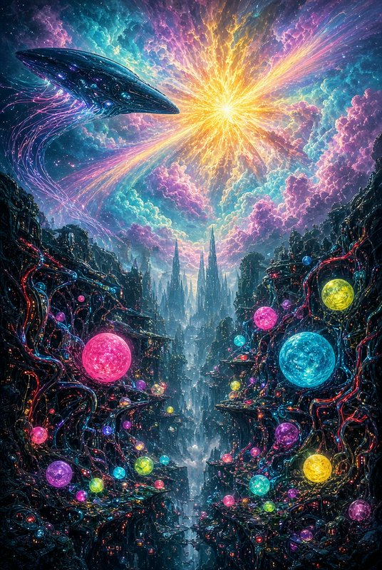 Sleek alien spacecraft hovers above a glowing futuristic alien city beneath a bright cosmic starburst nebula