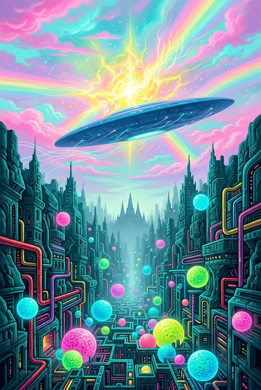 Sleek flying saucer hovers above a glowing neon sci-fi city under vibrant rainbow pastel skies