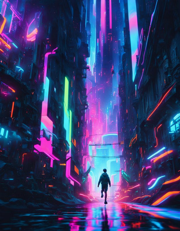 Lone hooded figure floats above a reflective neon-lit cyberpunk city street at night
