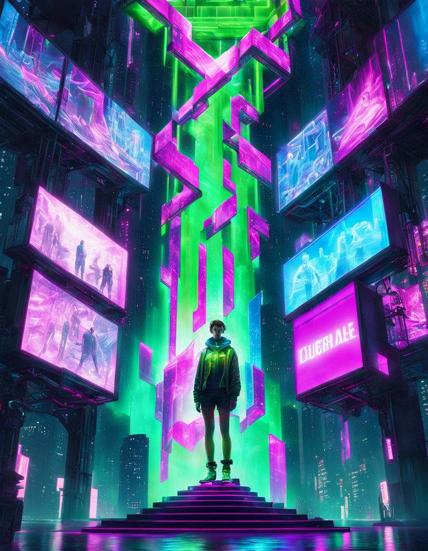 Young person stands on a neon-lit stepped platform between glowing digital billboards in a cyberpunk city