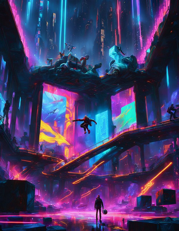 Costumed hero leaps mid-air inside a glowing neon cyberpunk megastructure atrium