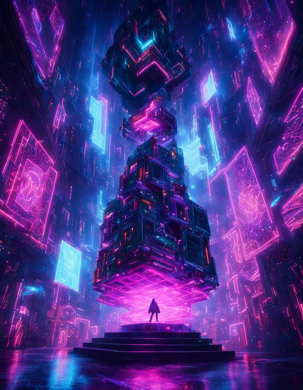 Lone silhouetted figure stands before a towering neon cyberpunk spire in a glowing futuristic city