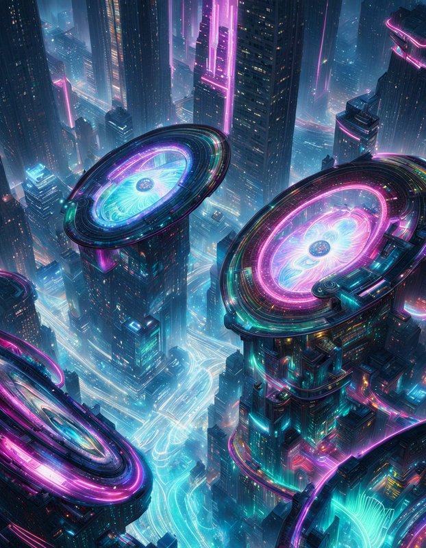 Aerial view of glowing neon cyberpunk skyscrapers with circular energy platforms above a futuristic night city