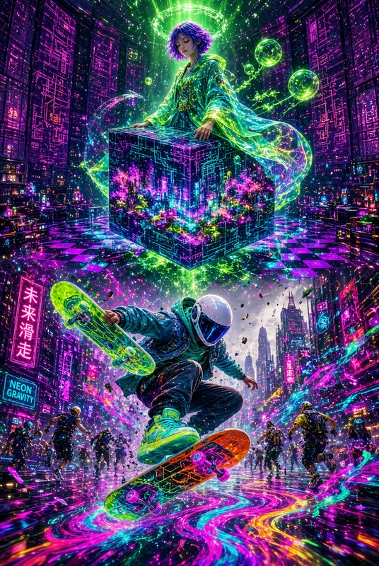 Helmeted cyberpunk skateboarder performs a mid-air trick beneath a glowing magical figure on a floating neon cube.