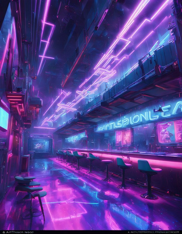 Futuristic cyberpunk bar interior glowing with pink and blue neon lighting over a glossy reflective floor