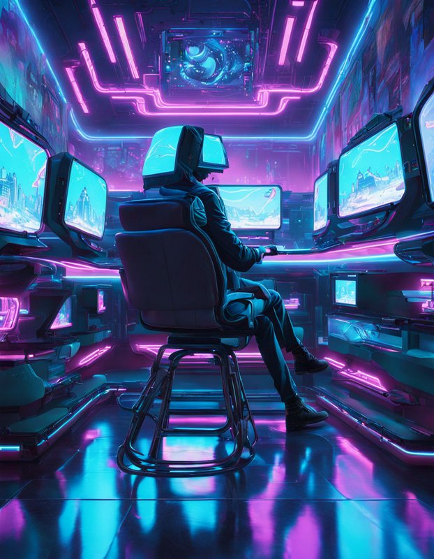 Cyberpunk operator with display headset sits at a multi-monitor console in a neon lit futuristic control room