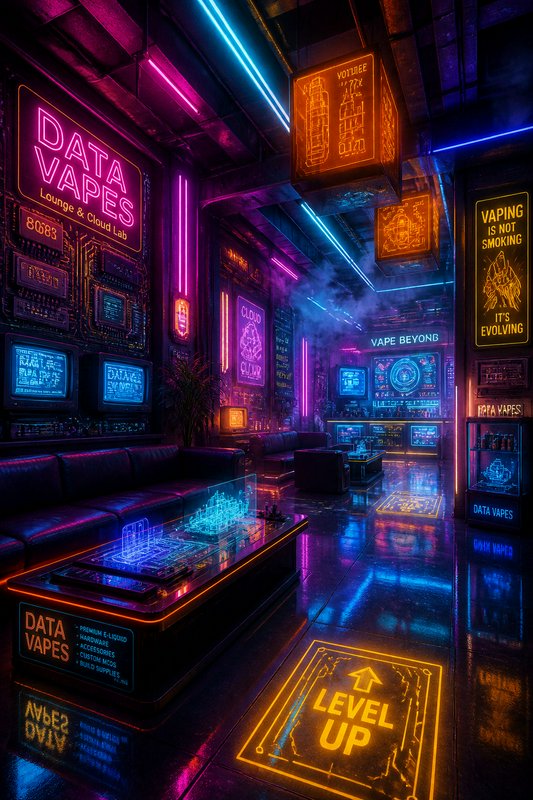 Futuristic cyberpunk vape lounge glowing with vibrant pink, blue, and orange neon signage over reflective glossy floors