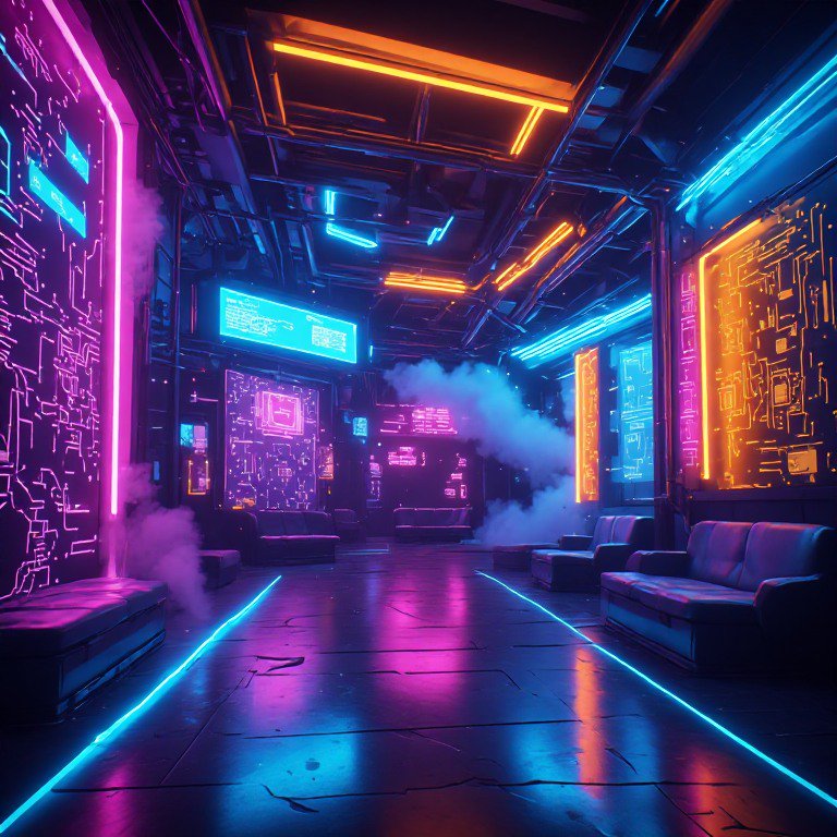 Futuristic cyberpunk lounge lined with glowing neon circuit walls, wispy fog, and dark leather seating