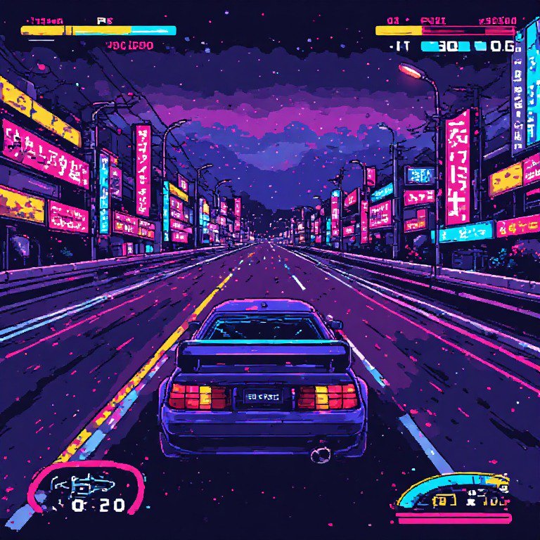 Retro pixel art tuner car on a neon lit cyberpunk city street with vintage racing game UI