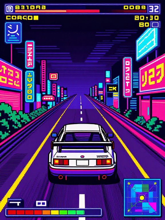 Retro pixel racing game view of a white sports car driving down a neon-lit cyberpunk city street