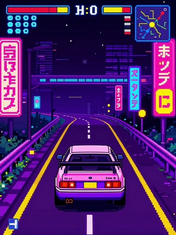 Retro pixel racing game view of a pink sports car driving on a neon Japanese night highway