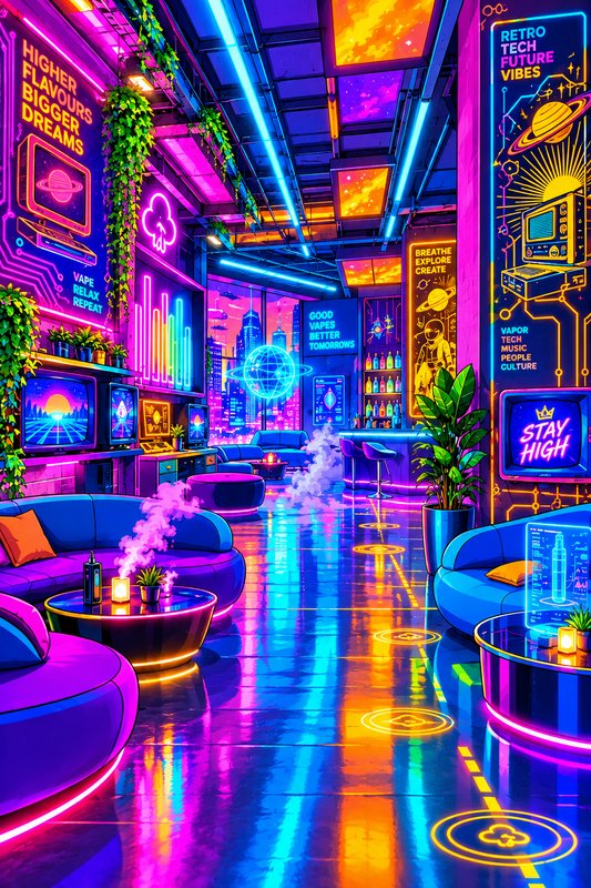 Vibrant neon cyberpunk vape lounge with retro tech decor overlooking a glowing futuristic city skyline