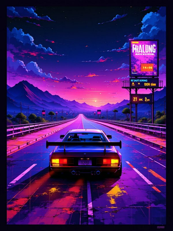 Modified retro sports car sits on a neon lit overpass under a vibrant synthwave purple sunset