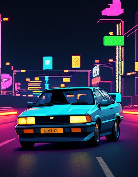 Retro turquoise JDM sedan driving through a glowing neon cyberpunk city at night