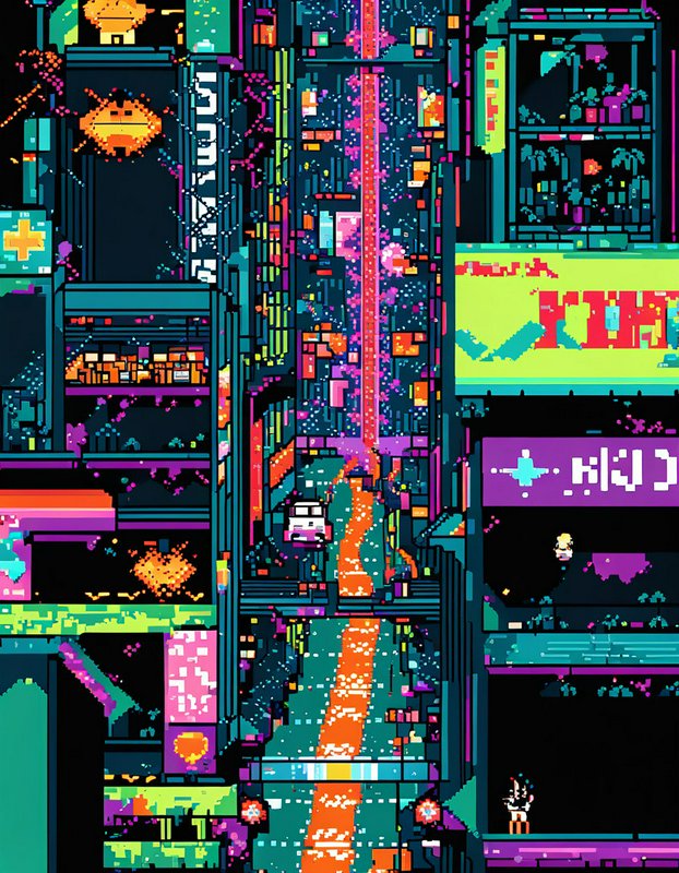 Vibrant pixel art cyberpunk cityscape with neon skyscrapers, glowing digital signs and street traffic