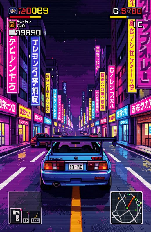 Retro pixel art racing game view of blue JDM car on neon lit Tokyo night street