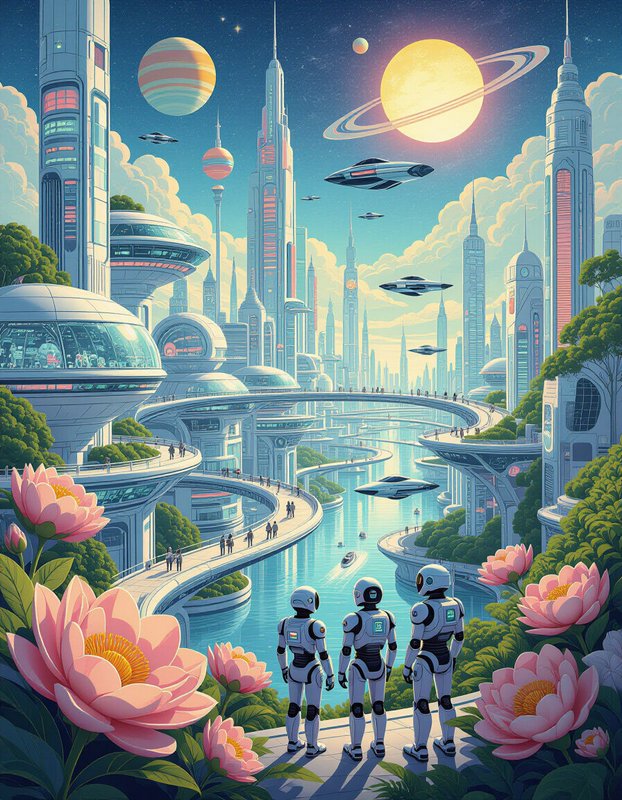 Three humanoid robots overlook a lush futuristic alien city with flying spacecraft and ringed planets in the sky