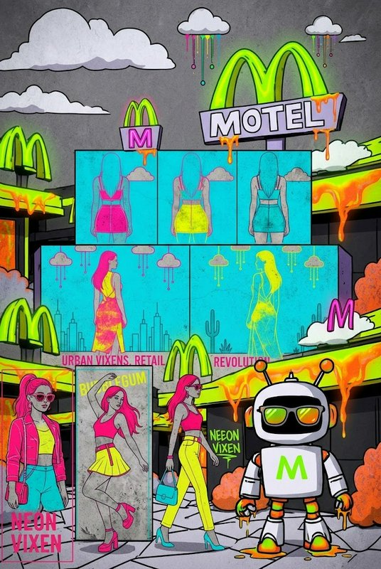 Surreal cyberpunk pop art street scene with fashion figures, a branded robot, and melting fast food motel signage