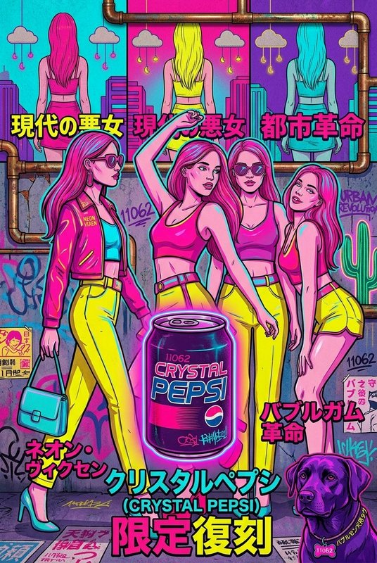 Vibrant neon pop art of stylized retro anime women gathered around a glowing Crystal Pepsi can in a graffiti covered urban