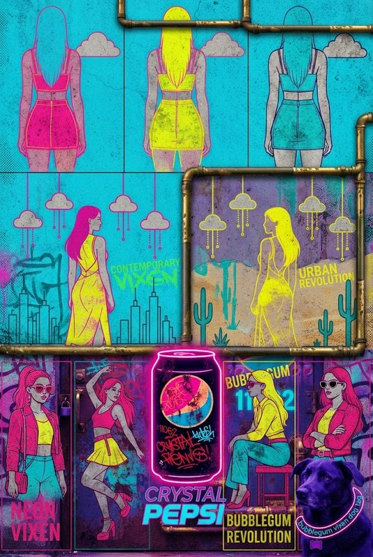 Neon pop art cyberpunk collage of fashion illustrations, glowing soda sign, and purple dog on a graffitied tiled wall