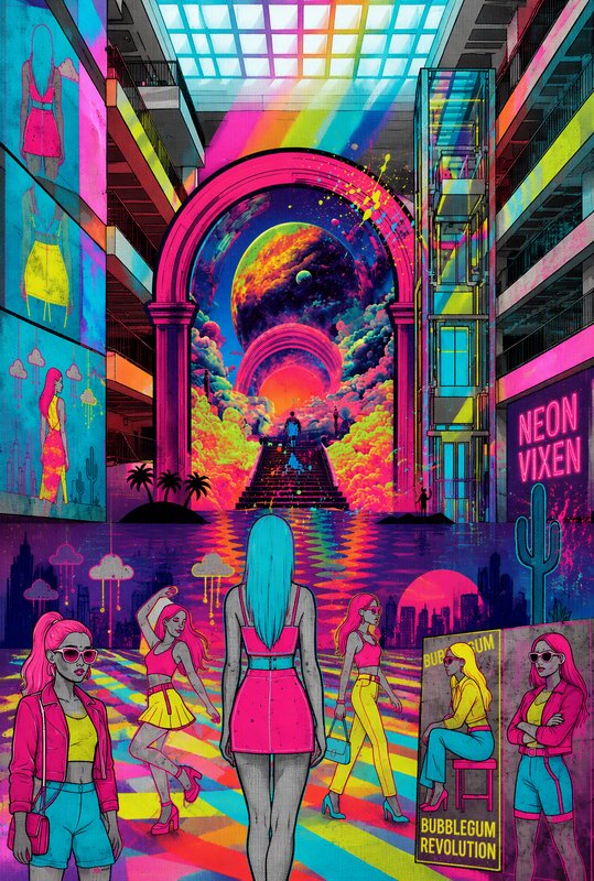 Surreal neon psychedelic mall atrium with stylish retro-futuristic women facing a glowing cosmic portal