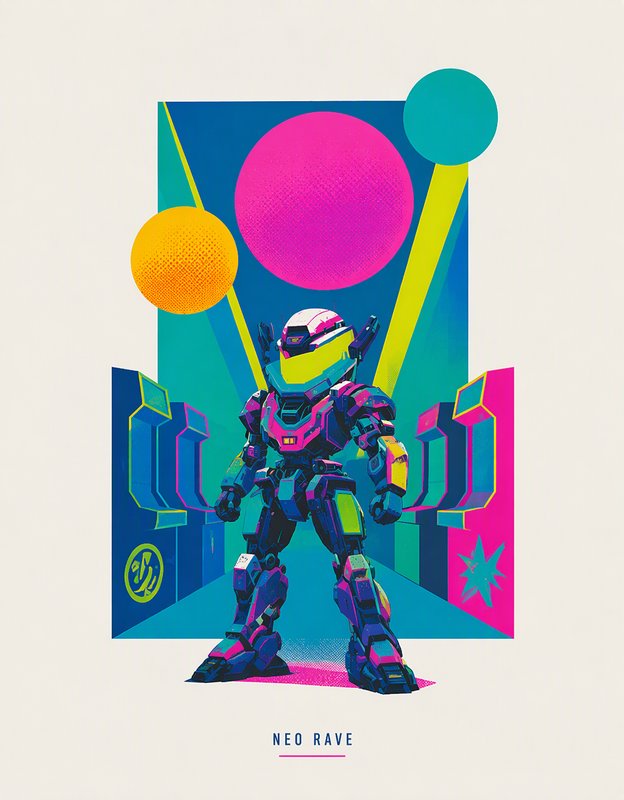 Bold retro pop art poster of a chibi neon mech robot labeled Neo Rave