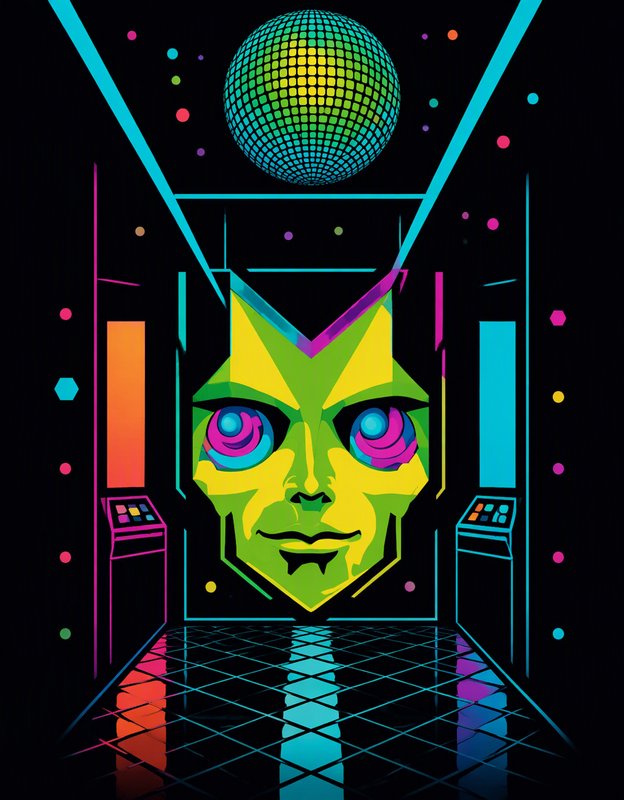 Retro-futuristic neon arcade scene with geometric AI face, hanging disco ball, and reflective grid dance floor