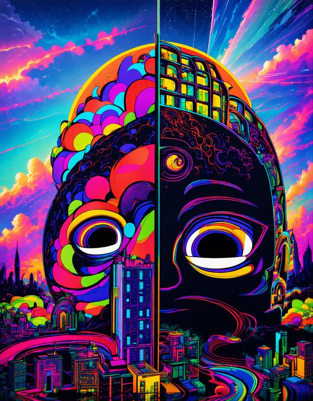 Split psychedelic giant head rising above a vibrant neon futuristic city under a colorful starry sky