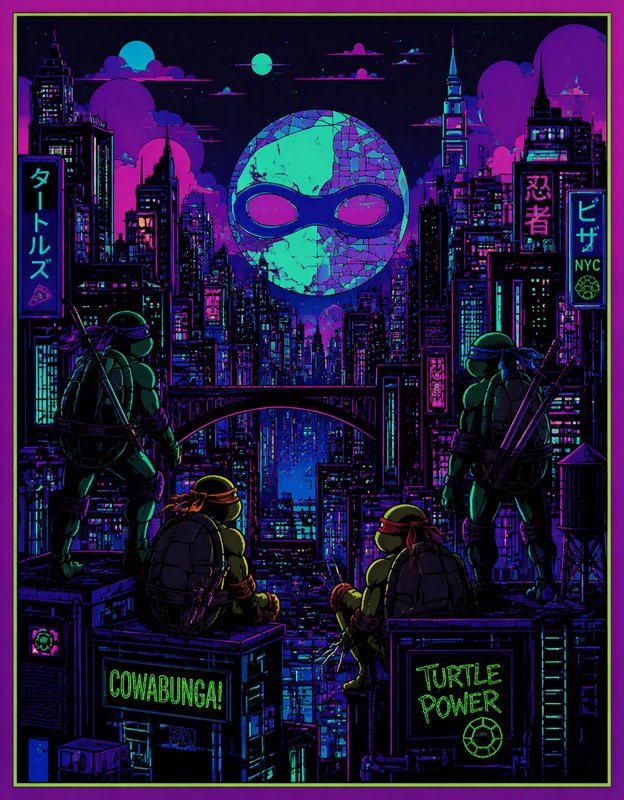 Teenage Mutant Ninja Turtles perch on a rooftop overlooking a neon cyberpunk New York skyline at night